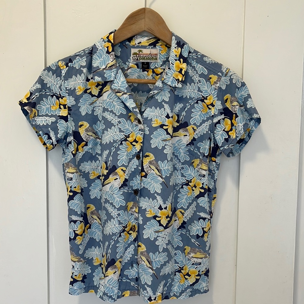 Patagonia Pataloha Blue Yellow Bird Leaf Pattern Lightweight Shirt Size 0 XS